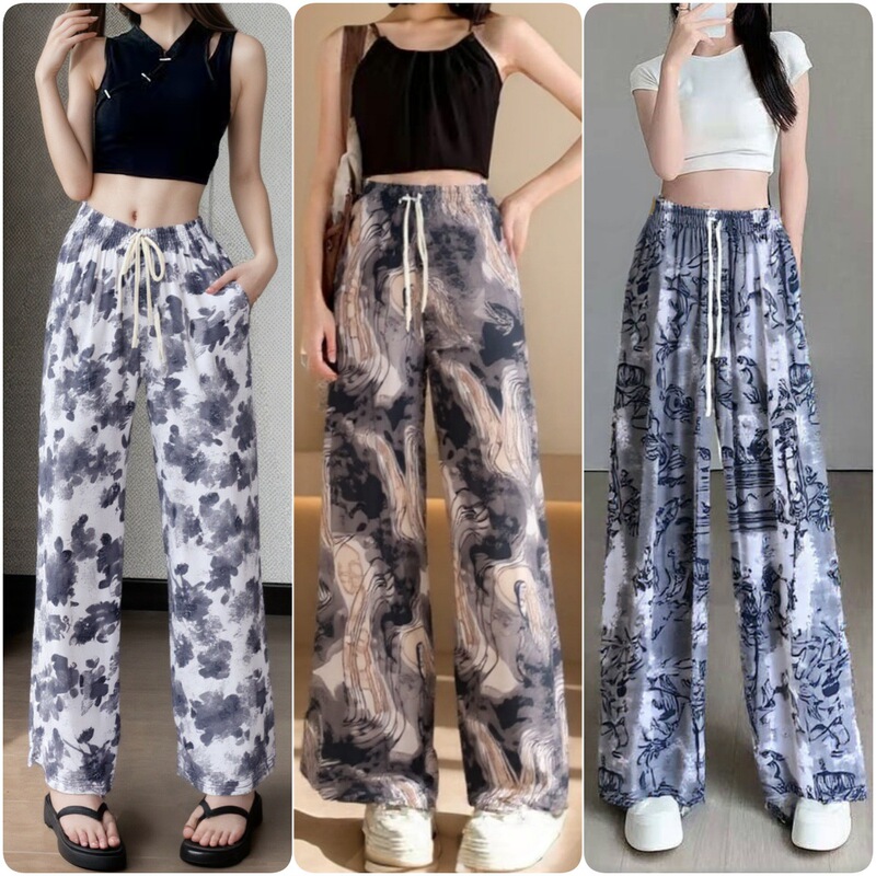 2025 Summer New Chinese Style Ink Painting Landscape Wide-Leg Pants for Women, Drapey and Slimming, New Chinese Style Floor-Length Wide Pants
