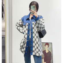 南油高端女装春季法式字母菱格针织开衫POLO领牛仔拼接外套上衣女