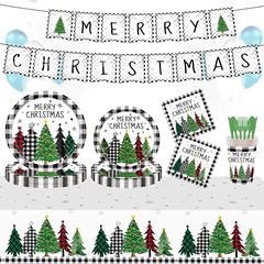 黒と白のチェック柄クリスマステーマ使い捨て紙コップ紙皿ペーパータオルクリスマスツリーホリデーデコレーション用品