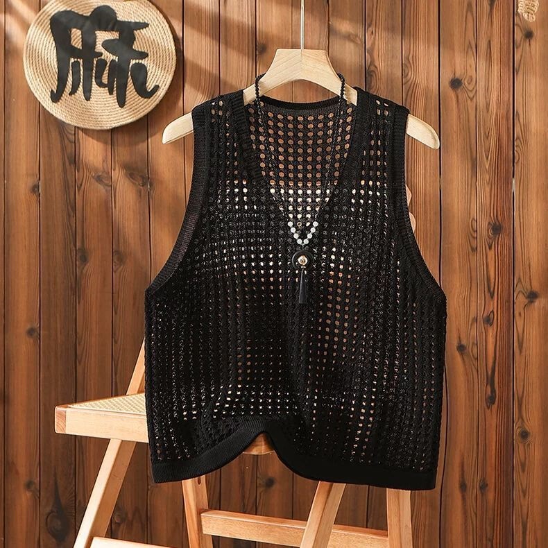 Plus-Size Hollow-Out Knitted Vest for Women, Thin Outerwear for Spring and Autumn, Loose Artistic Style, Sweater Vest for Outerwear