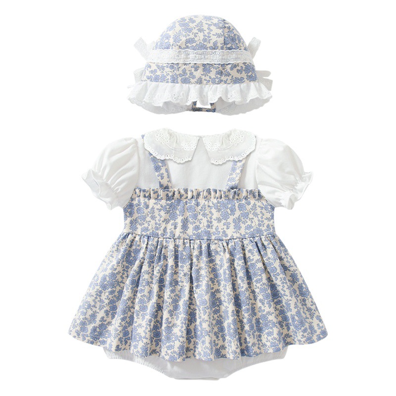 Falda de bebé púrpura impreso de manga corta falda de tirantes de encaje solapa dulce dama verano niña bolsa pedo vestido