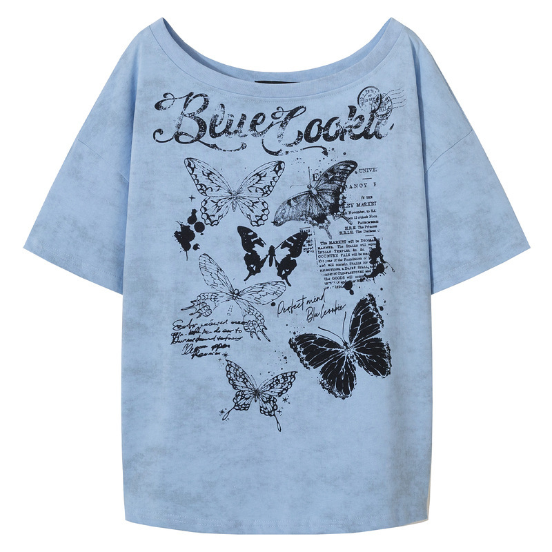 Men's Clothing, Sweet and Cool Off-Shoulder Bow Design, Tie-Dye Half-Sleeved T-Shirt, Women's Summer Loose Short-Sleeved Top, Trendy