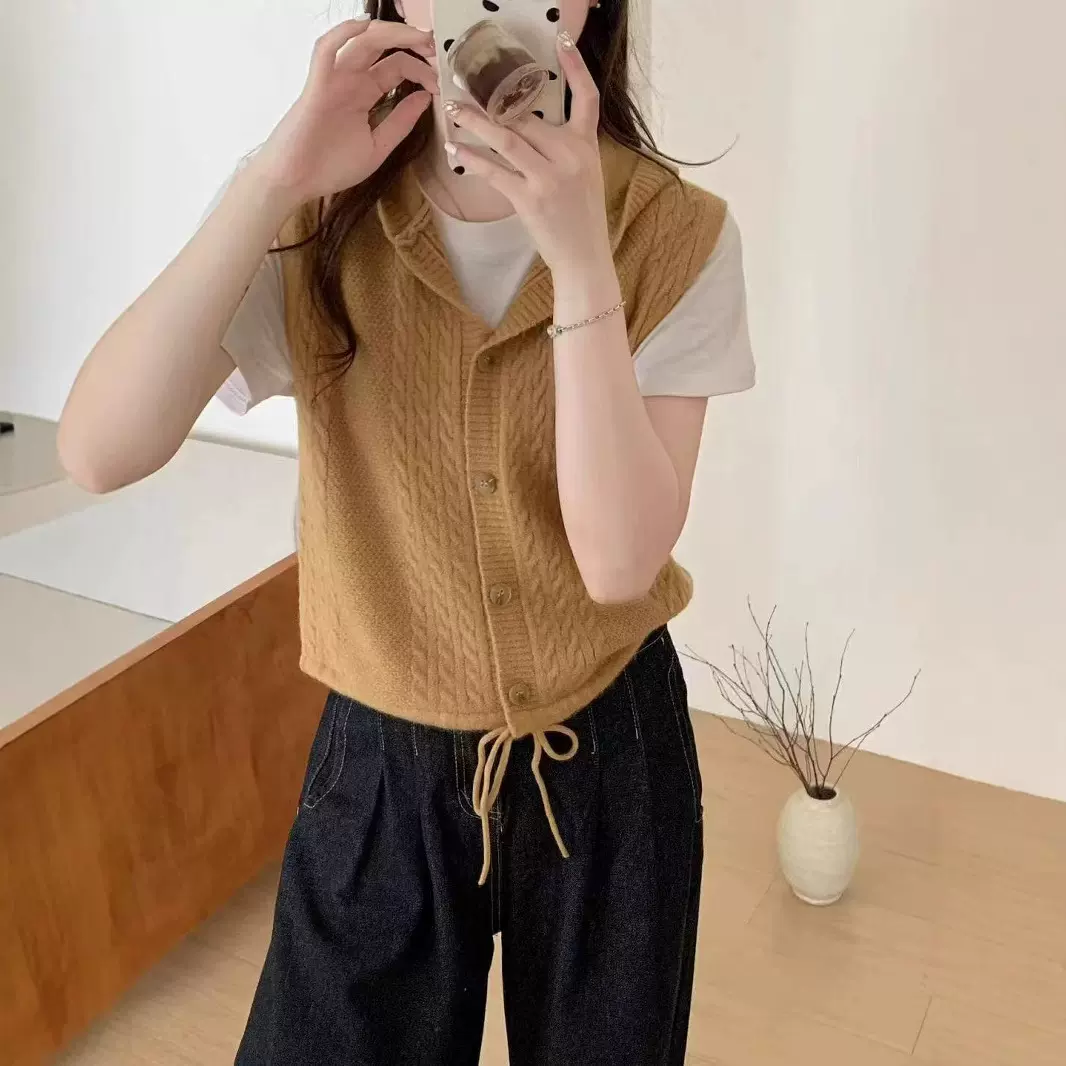 复古圆领麻花纹针织马甲开衫女2025春秋新款宽松百搭软糯毛衣背心