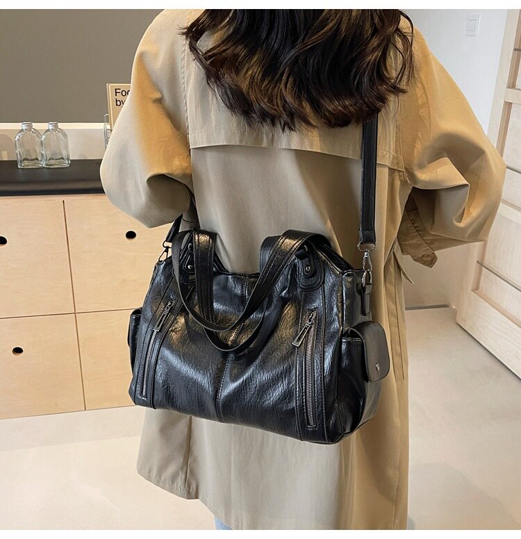 Túi tote nữ dung tích lớn đeo chéo đeo vai phong cách retro, chất liệu PU mềm — Màu cà phê, Màu nâu, Màu đen chi tiết 21