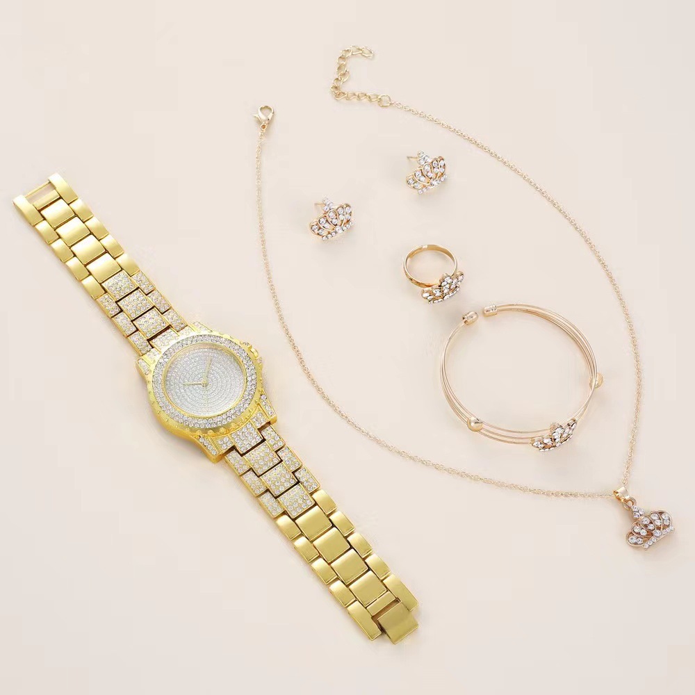 Νέο πεντατεμάχιο με ενσωματωμένο διαμάντι πολυτελές πλήρες διαμάντι με κορώνα, κουτί δώρου πέντε τεμαχίων Γυναικείο ρολόι δώρου ρολόι χαλαζία_voghion.com