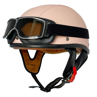 cross-border scoop helmet small helmet, Motosiklet kaskı (dəbilqə) - pink-flat-leather-helmet-square-retro-mirror-m