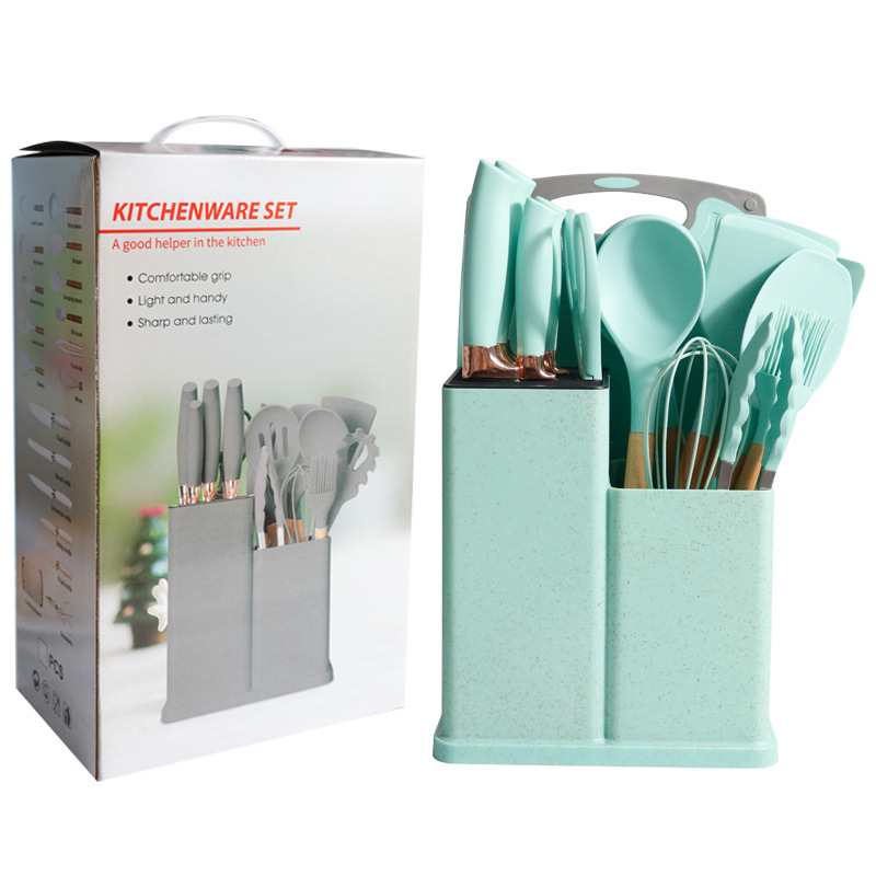 Espátula de silicona, cuchara de sopa, juego de 19 piezas, sartén antiadherente, pala de silicona, juego de cuchillos de cocina de silicona para el hogar al por mayor