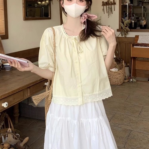 Korean-style fresh and clean patchwork fringe tie blouse women 2025 summer new hide fat slimming fashionable blouse top women