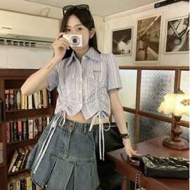 日系学院风甜美蓝格子抽绳短款修身衬衫女夏季百搭小众短袖上衣
