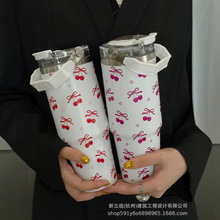 跨境热卖蝴蝶结图案玫瑰花不锈钢保温杯蝴蝶结水瓶户外保冷杯吸管