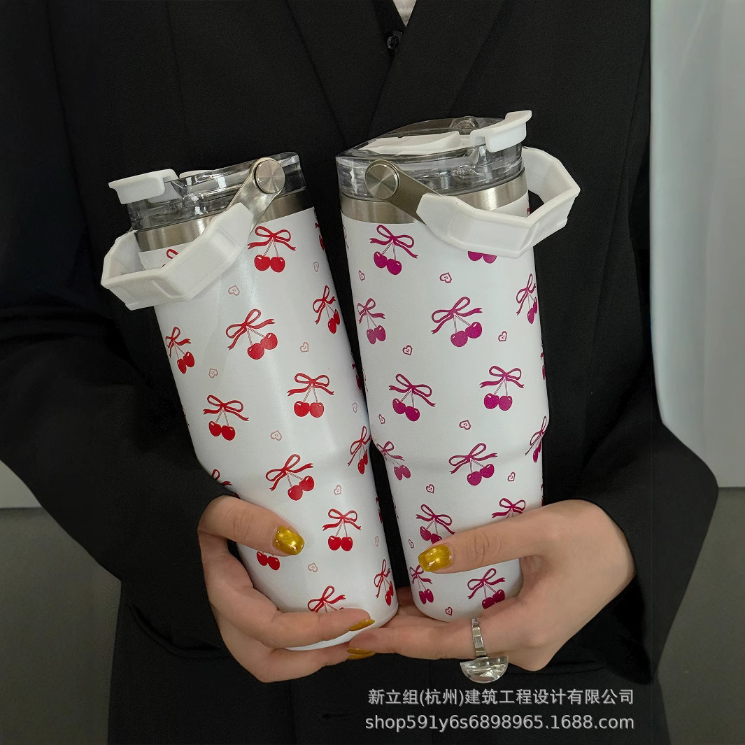 跨境热卖蝴蝶结图案玫瑰花不锈钢保温杯蝴蝶结水瓶户外保冷杯吸管