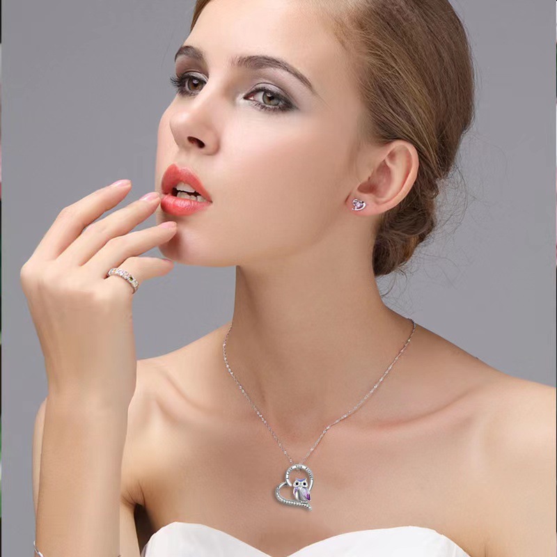 Cute Letter Heart Shape Owl Copper Metal Inlay Rhinestones Pendant Necklace 1 Piece