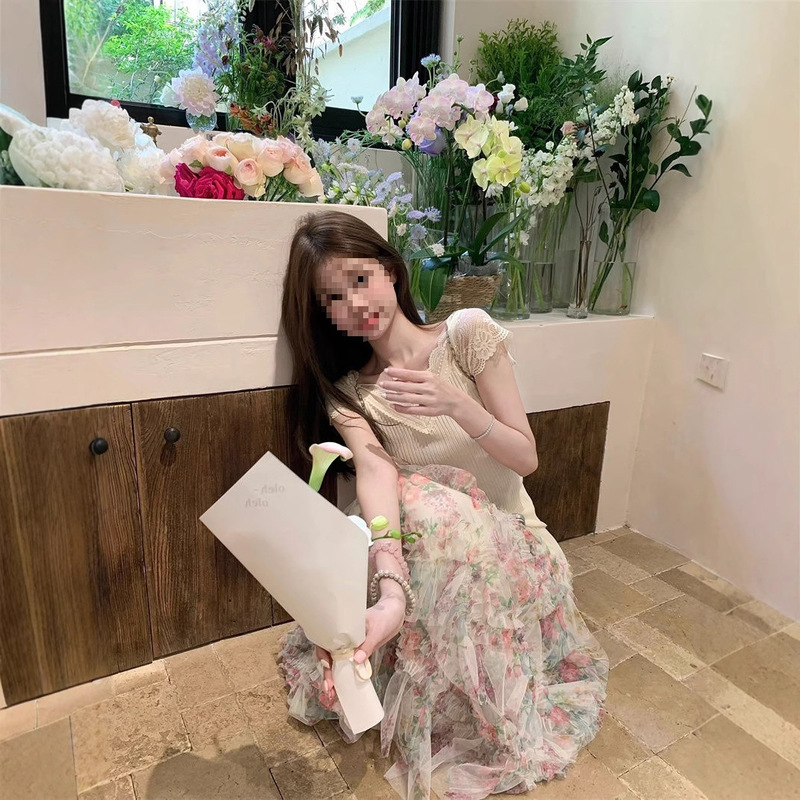2025夏季新款甜美风收腰蕾丝拼接短袖T恤网纱半身裙时尚套装女潮|undefined
