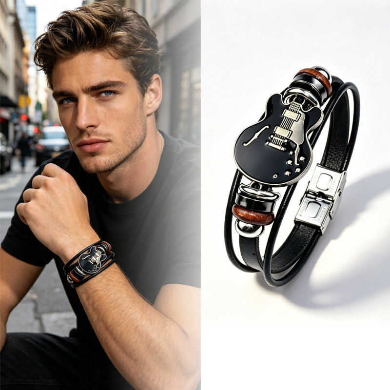 European and American Style Guitar-Shaped Genuine Leather Bracelet, Men's Personalized Titanium Steel Buckle Fashion Leather Bracelet, Retro Music Theme European and American Style Guitar-Shaped Genuine Leather Bracelet, Men's Personalized Titanium Steel Buckle Fashion Leather Bracelet, Retro Music Theme