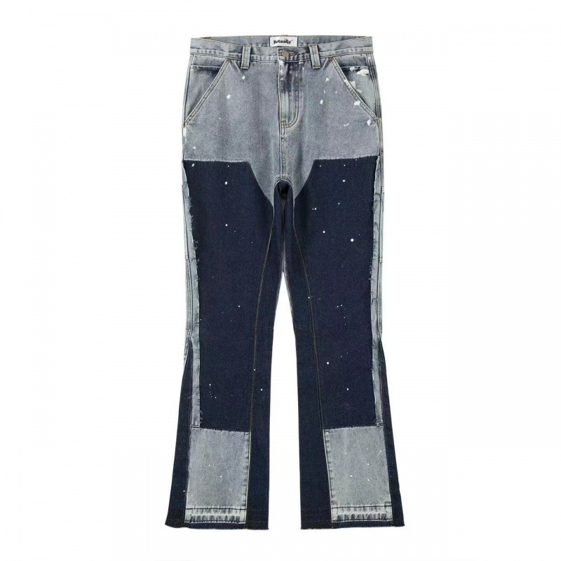 High street water ins same washed Vibe style loose splicing splashed ink zipper jeans logging work pants_voghion.com