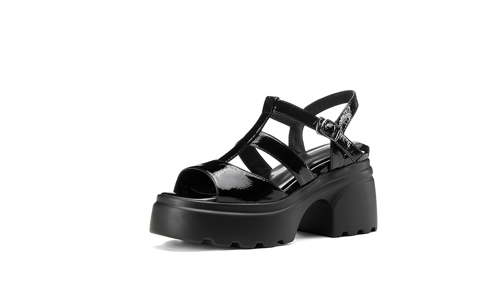 Sandal nữ hở mũi đế dày cao gót da thật quai chữ T kiểu La Mã dệt kim — Màu đen chi tiết 19