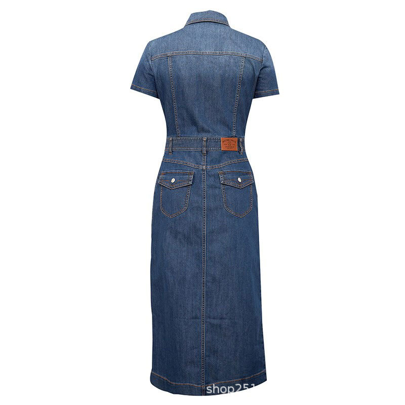 Váy denim dài nữ phong cách cổ điển, thắt eo tôn dáng — Màu xanh lam chi tiết 2