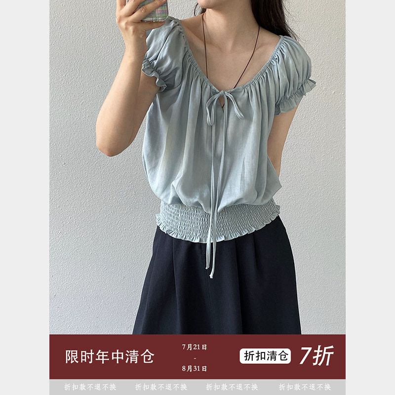 【Non-Returnable】Jiangzuo French-Style Women's Shirt 26 Summer Waist-Cinching Tie Blouse Vintage Top 1897