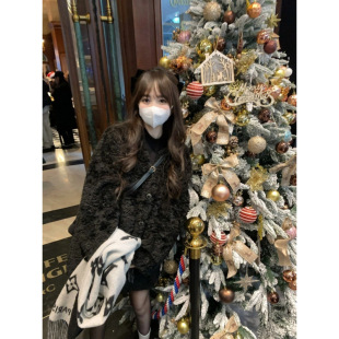 New Autumn and Winter Black Lambswool Coat Mid-length Maillard Thickened Loose High-grade Fur Fur Coat