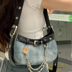 New stylish contrast-color patchwork chain denim fabric bag for women &mdash; edgy girl-style embroidered underarm bag, perfect for shoulder or crossbody wear