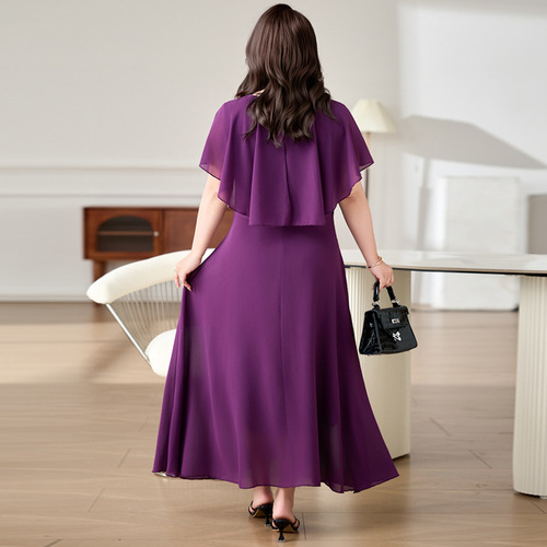 Plus-size women's open-neck chiffon long dress 2025 new summer dress women, slimming chiffon large swing 8630