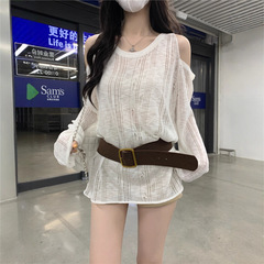 韩版ins风露肩长袖圆领针织衫女时尚百搭竹节麻宽松上衣镂空外搭