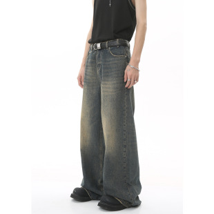 2025 New Men's and Women's Four Seasons New Vintage Hong Kong Style Old Loose Wide Leg Dash Jeans