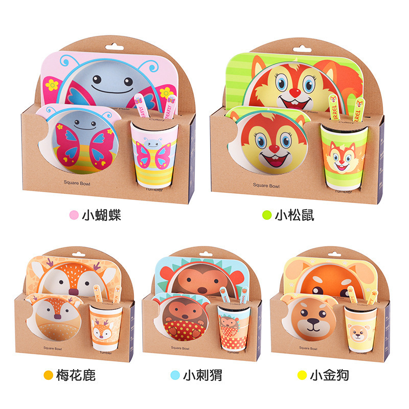 Bamboo fiber children's cartoon tableware dinner plate compartment baby rice bowl baby food Cup Bowl fork spoon five-piece set