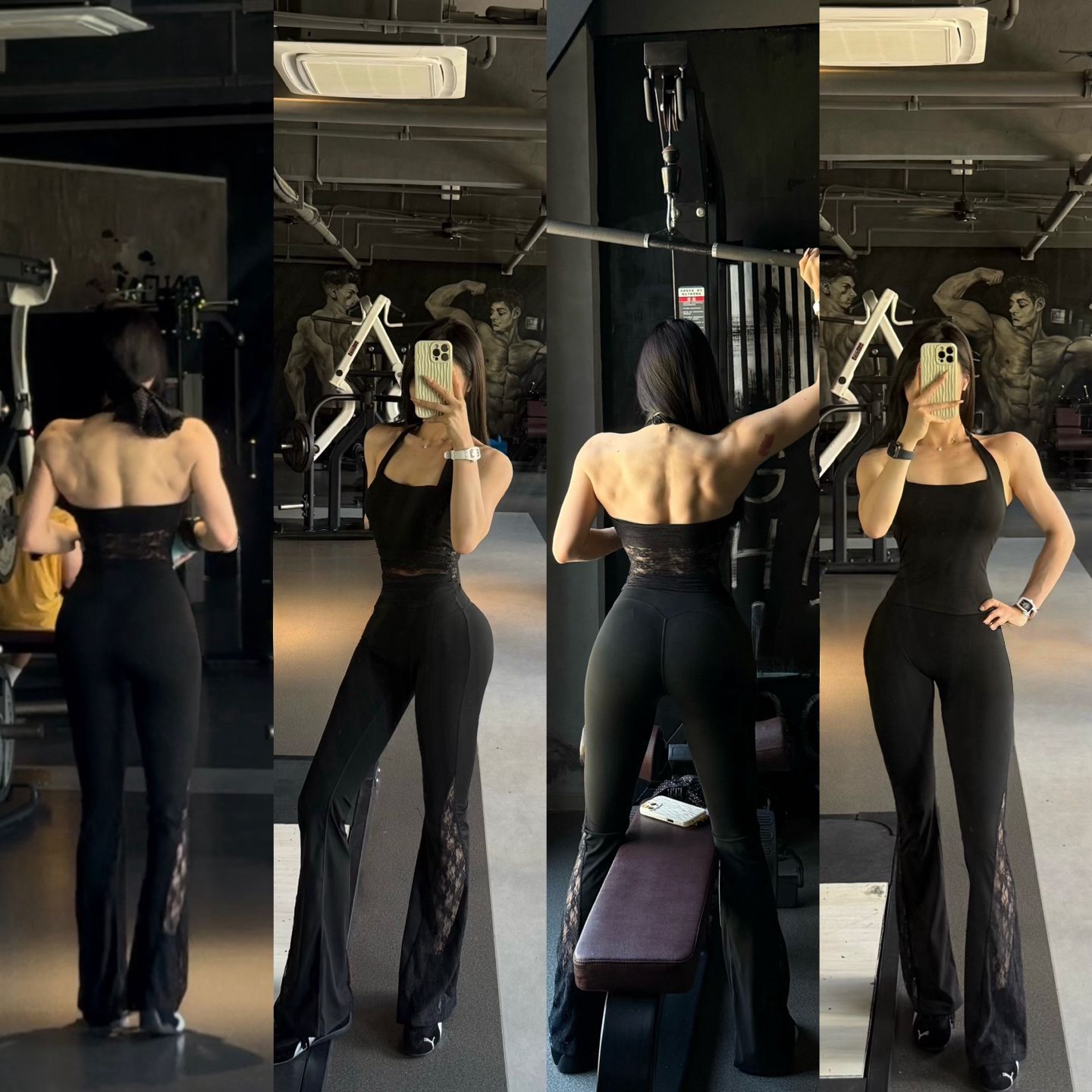 Lace Splicing Nude Yoga Bell-Bottom Pants for Women in Autumn and Winter Showing Buttocks High-Intensity Training Fitness Sports Pants