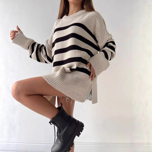 Women's Knitwear 2025 Autumn and Winter New European and American Cross-Border Casual Stripesd Loose Round Neck Pullover Knitwear Jacket for Women