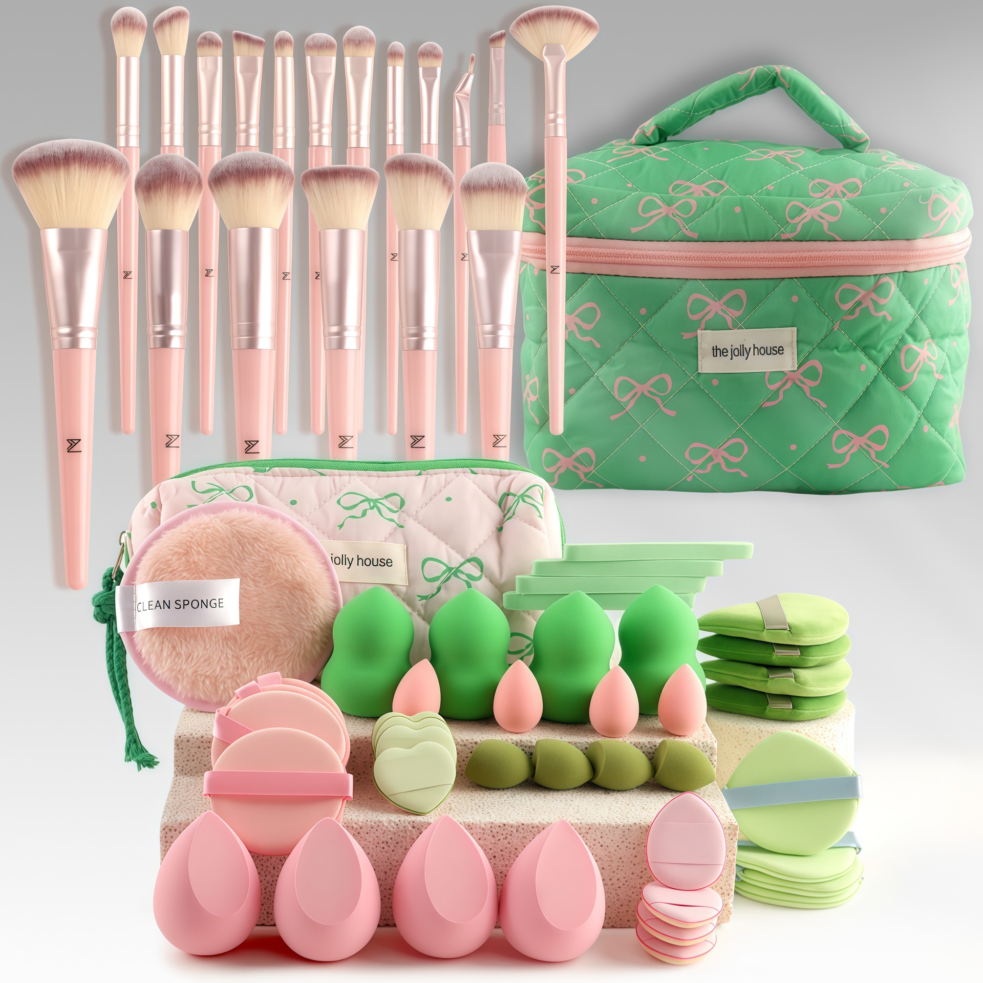 68 paquetes de bolsas de cosméticos dulces para niñas, brochas de maquillaje portátiles de gran capacidad, borlas de maquillaje, herramientas de combinación de maquillaje antes y después del maquillaje