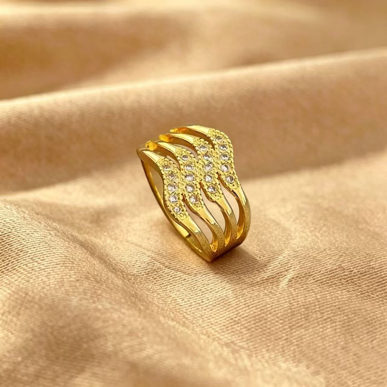 [Real Gold Plating] Four-Layer Zircon Open Ring, Adjustable, Simple Japanese-Style Couple Rings, High-End Jewelry