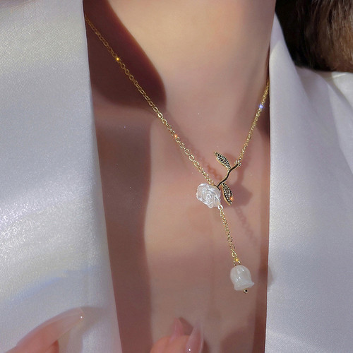 New internet celebrity rose gold necklace glass water drop pendant clavicle chain fashion bead flower neck necklace accessories