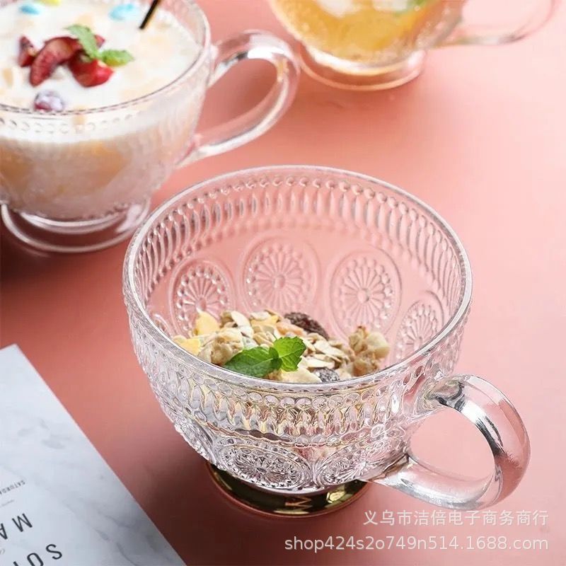 网红ins复古浮雕太阳花玻璃杯 大容量咖啡牛奶昔杯琥珀金边早餐杯