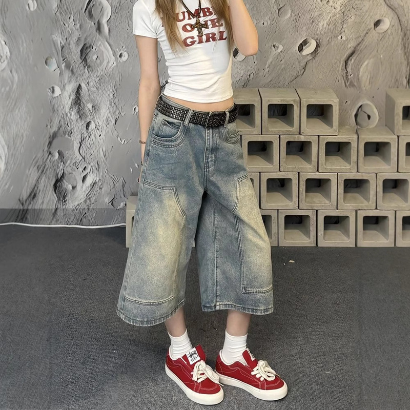 American Style Washed Old Denim Hip Shorts Women's Summer New High Street Loose Wide Leg Slimming Straight Pants