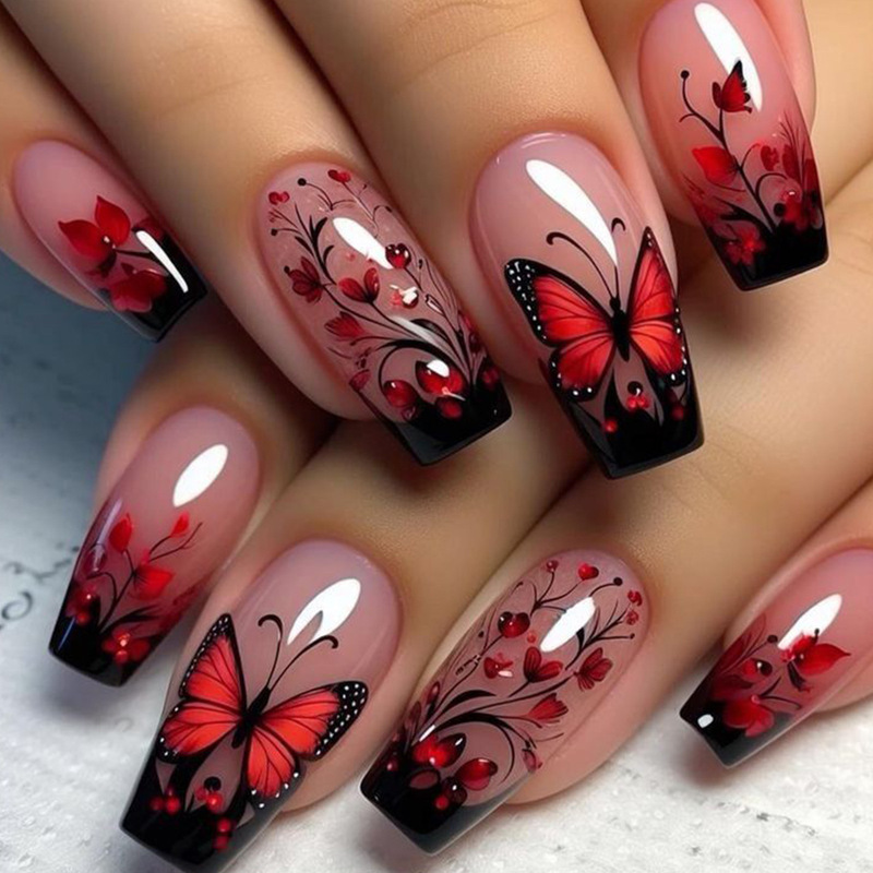 Wearable Nails, Medium-Length Ballet Nails, Red Valentine's Day Butterfly Pattern Fake Nail Patches, New Spring and Summer Styles