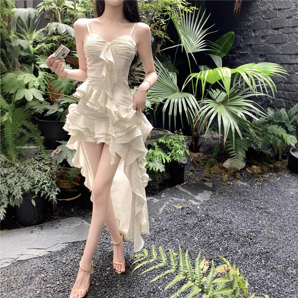 实拍现货 灵动光影仙女长裙立裁不规则层次感荷叶边性感吊带连衣