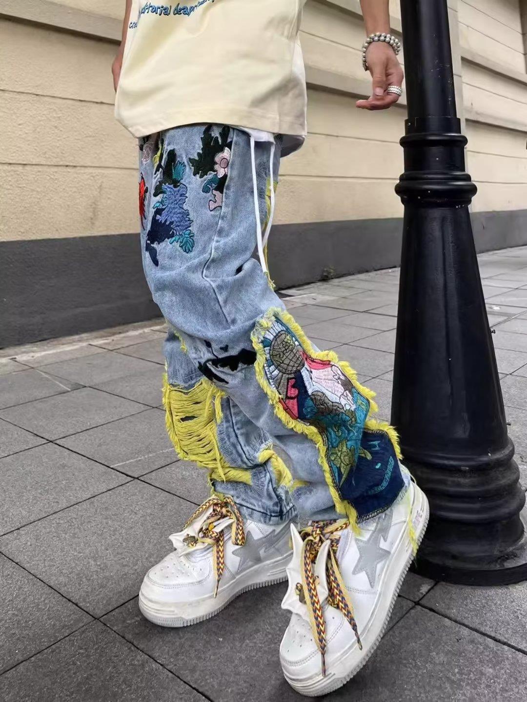 Heavy Embroidered Ripped Jeans American Hong Kong Style Street Fashion for Men And Women mid Waist Straight Pants Blue Long Brushed_voghion.com