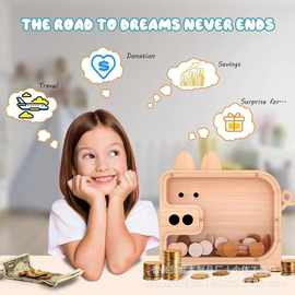 跨境木质儿童存钱罐卡通小猪形硬币储物罐家居透明存钱计划箱摆件
