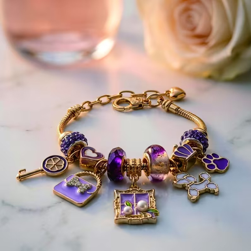 French-Style Dreamy Purple Window Pendant Bracelet with Cute Puppy Paw and Heart, Light Luxury Niche Women's Jewelry with a Vintage High-End Feel French-Style Dreamy Purple Window Pendant Bracelet with Cute Puppy Paw and Heart, Light Luxury Niche Women's Jewelry with a Vintage High-End Feel