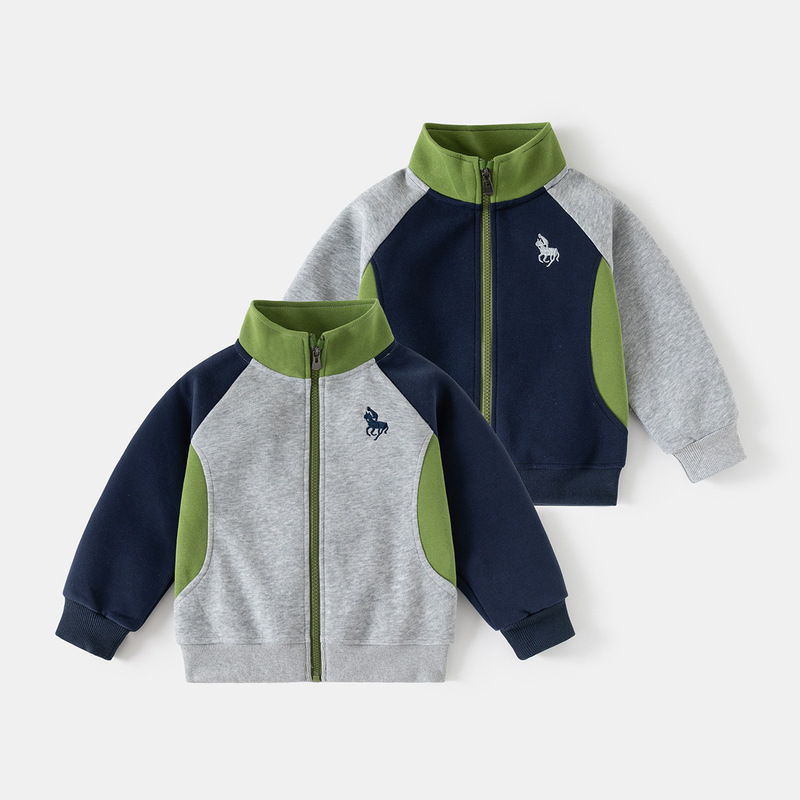 Children's Stand-Up Collar Sweatshirt 2026 New Style Boys' Color-Block Embroidered Jacket Baby Zip-Up Shirt Trendy Korean Style Children's Clothing Wholesale