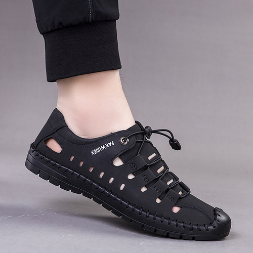 Summer sandals 2025 popular hollowed-out leather men's shoes breathable closed-toe shoes soft-soled low-top perforated casual shoes