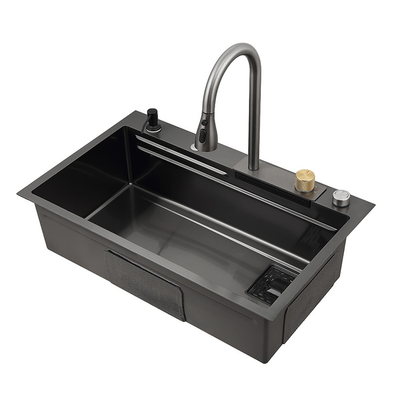 Nano negro cocina vegetal lavado piscina engrosada multi-funcional hecho a mano fregadero de acero inoxidable 304 volando lluvia cascada fregadero traje