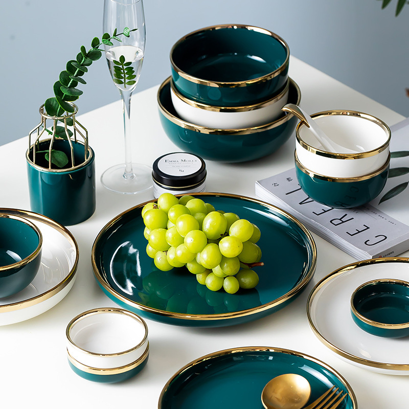 Dishes and Bowls Set 2025 New Model Jingdezhen Ceramic Bowls, Plates, Chopsticks, Dishes, Housewarming Tableware, White Porcelain, Dark Green