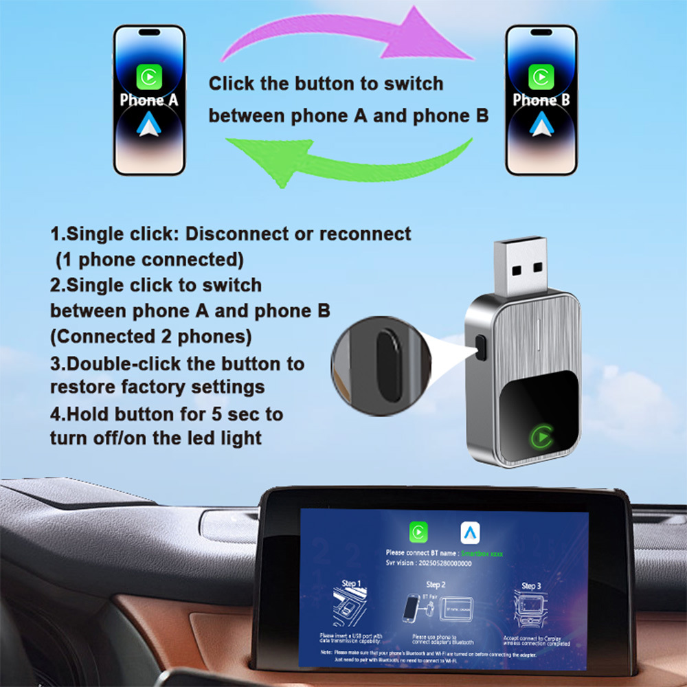 Smart Button Version Wireless CarPlay Box AndroidAuto 2-in-1 Adapter for In-Car Connectivity