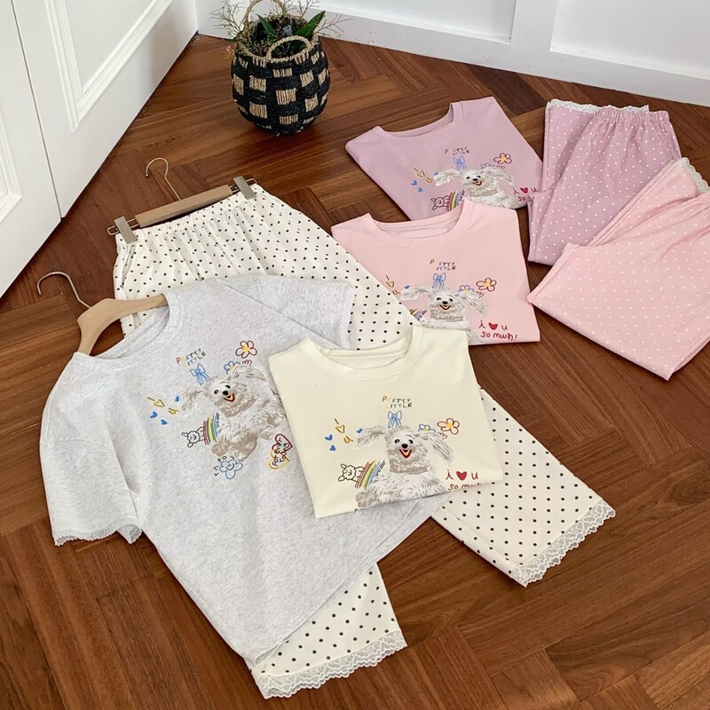 Msusu Cotton Polka Dot Naughty Dog Suit Women's Summer Casual Loose Short-Sleeved Long Pants Home Wear Pajamas Msusu Cotton Polka Dot Naughty Dog Suit Women's Summer Casual Loose Short-Sleeved Long Pants Home Wear Pajamas