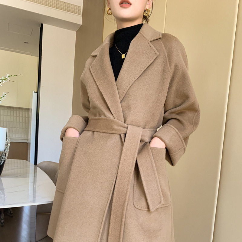 25 otoño y invierno nuevo abrigo de lana de doble cara mujer pequeña correa larga 100% lana abrigo de alta calidad