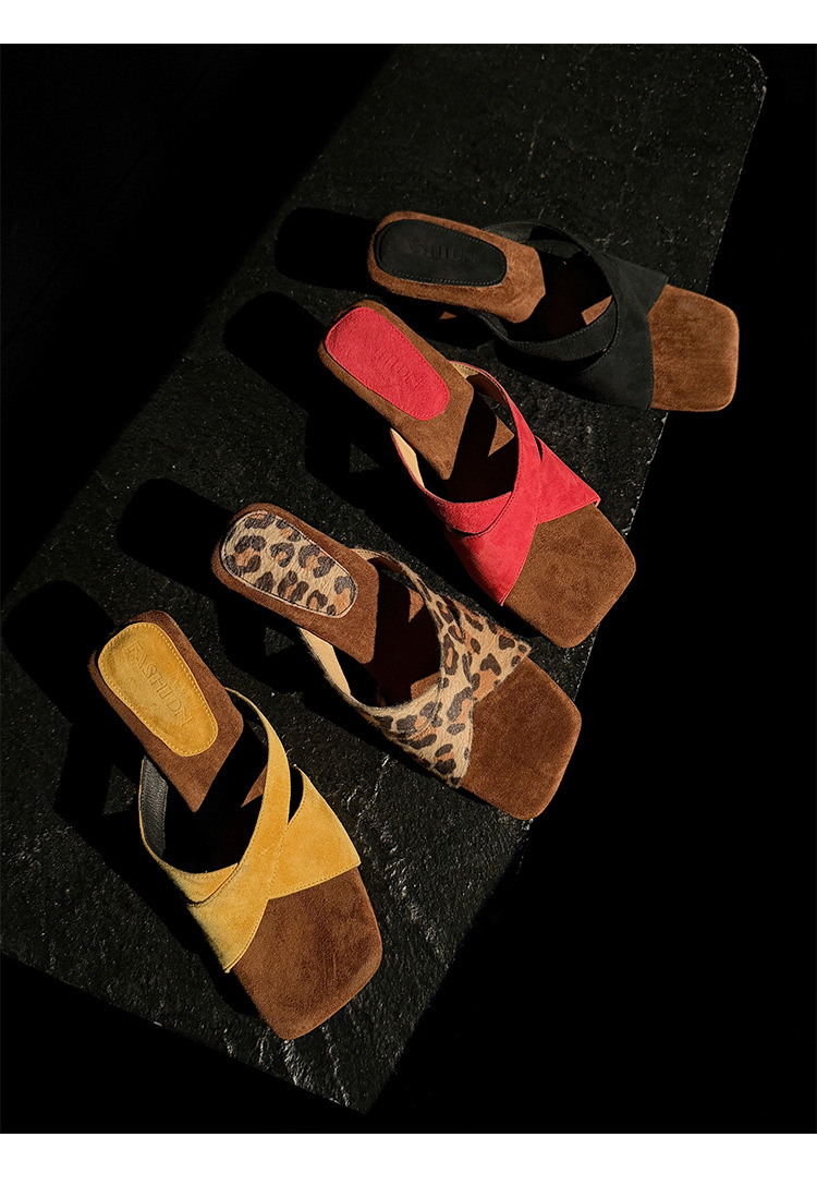 Sandal cao gót nữ quai chéo kiểu Pháp mũi vuông hở ngón, gót xuồng 7 cm — màu đen, Màu da báo, màu vàng, màu đỏ chi tiết 24