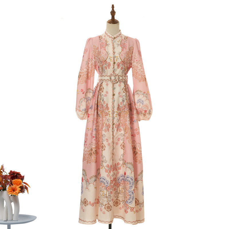 Cross-Border 2026 New Style Casual Retro Printed Exquisite Single-Breasted Stand-Collar A-Line Dress with Extra-Long Skirt + Belt
