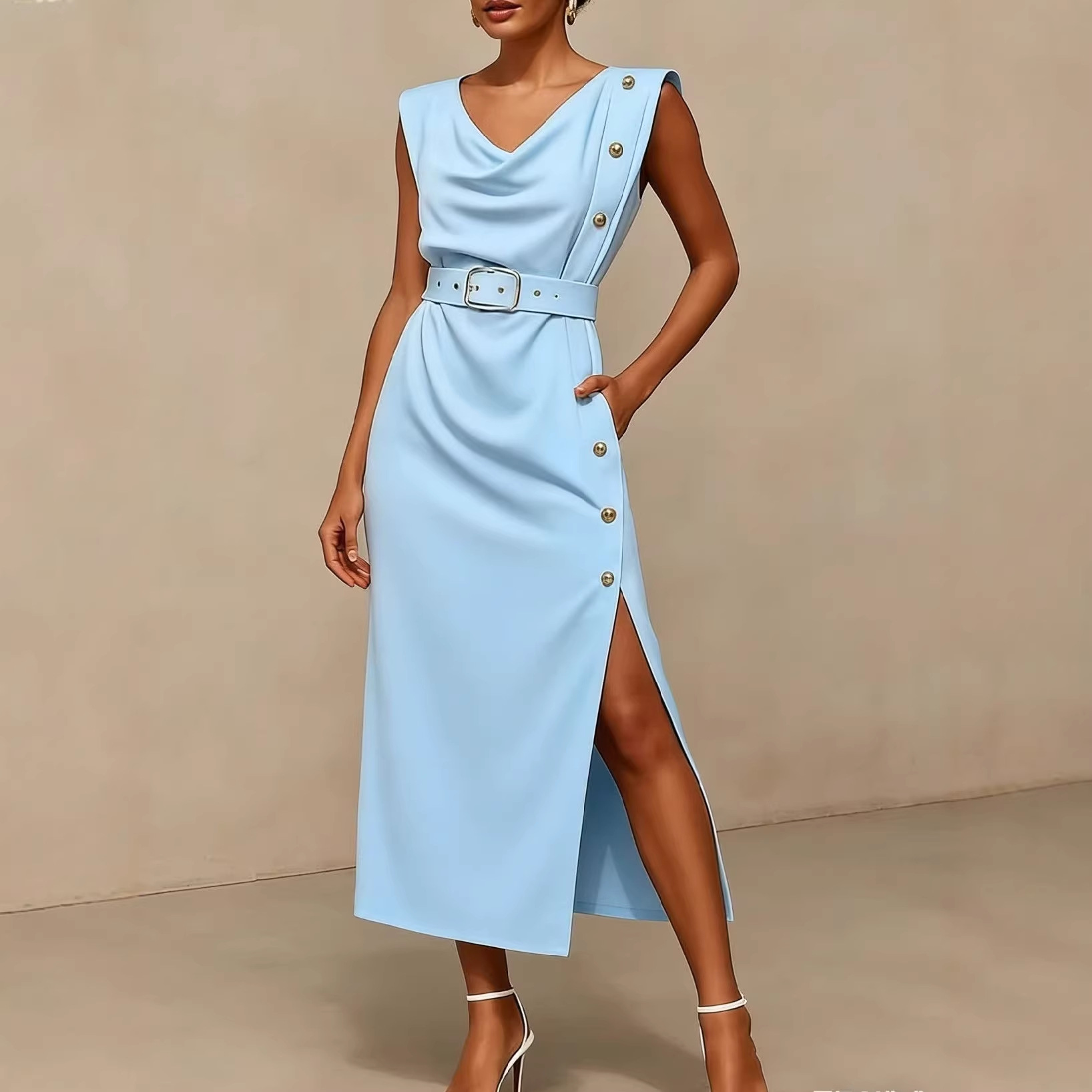 Women's Clothing Summer Women's Button Sleeveless Slit Dress Waist Cinching Commuter Style For Formal & Casual For Women_ecoleips.com
